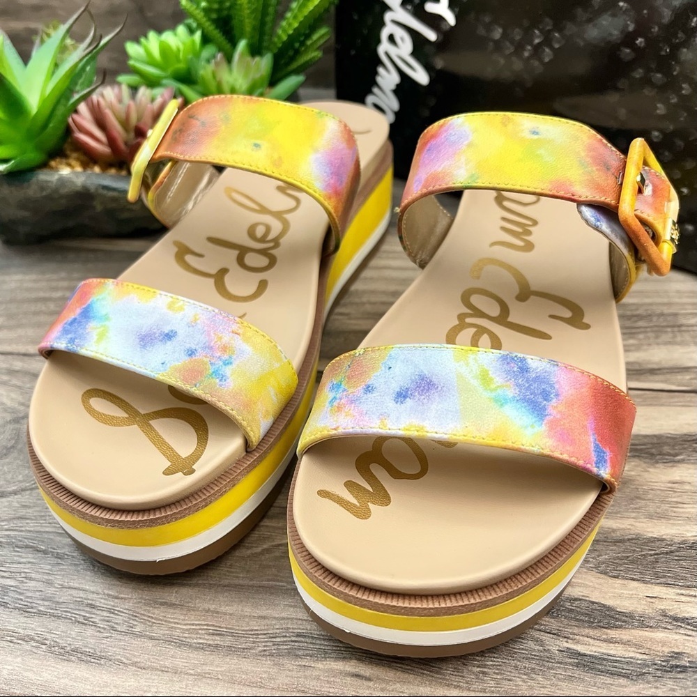NIB Sam Edelman Agustine Platform Slide Sandal Lemon Zest Multi Leather 7.5M - Picture 3 of 12
